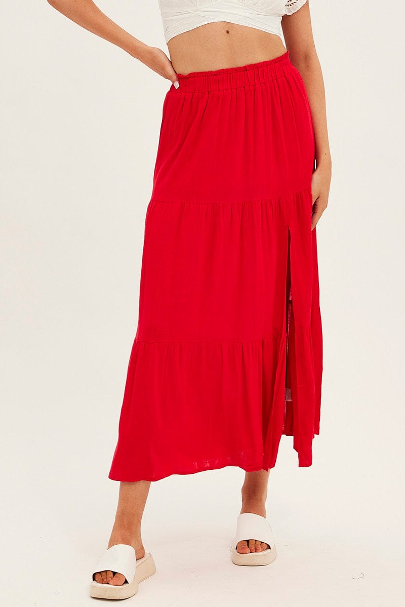 Red Maxi Skirt High Waist Split Tiered for Ally Fashion