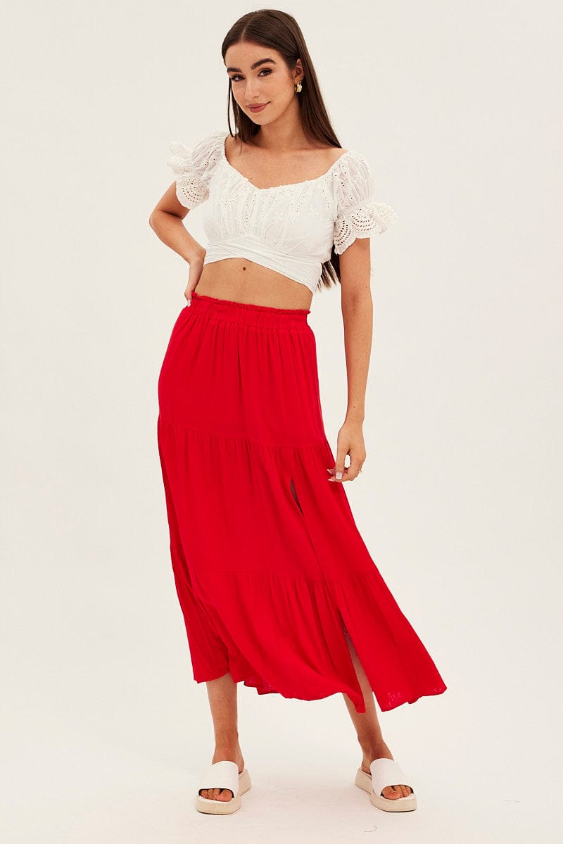 Red Maxi Skirt High Waist Split Tiered for Ally Fashion