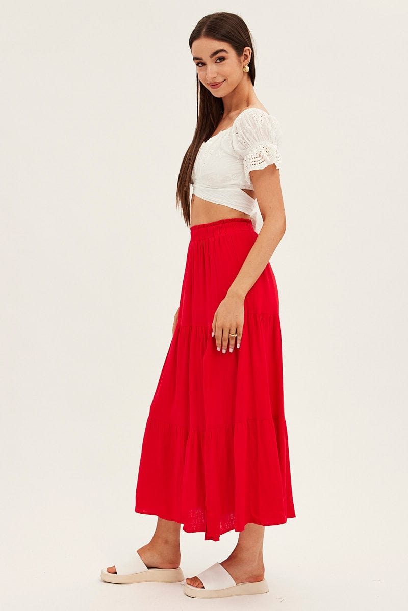 Red Maxi Skirt High Waist Split Tiered for Ally Fashion