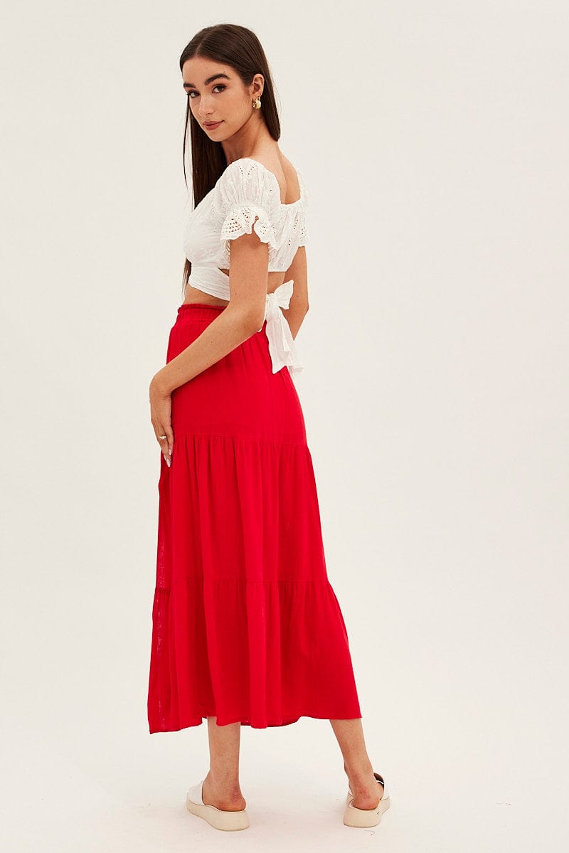 Red Maxi Skirt High Waist Split Tiered for Ally Fashion