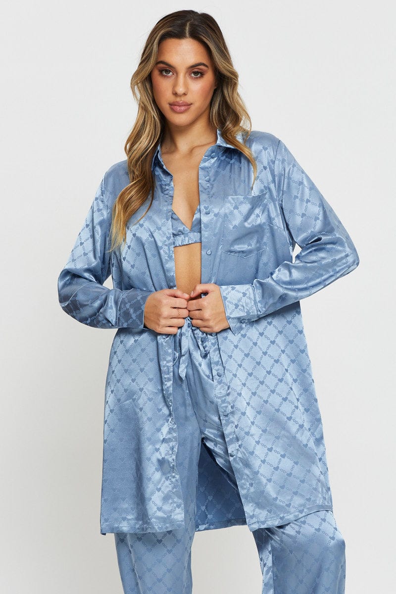 SLEEP SHIRT Blue Mix And Match Pyjama Shirt Satin for Women by Ally