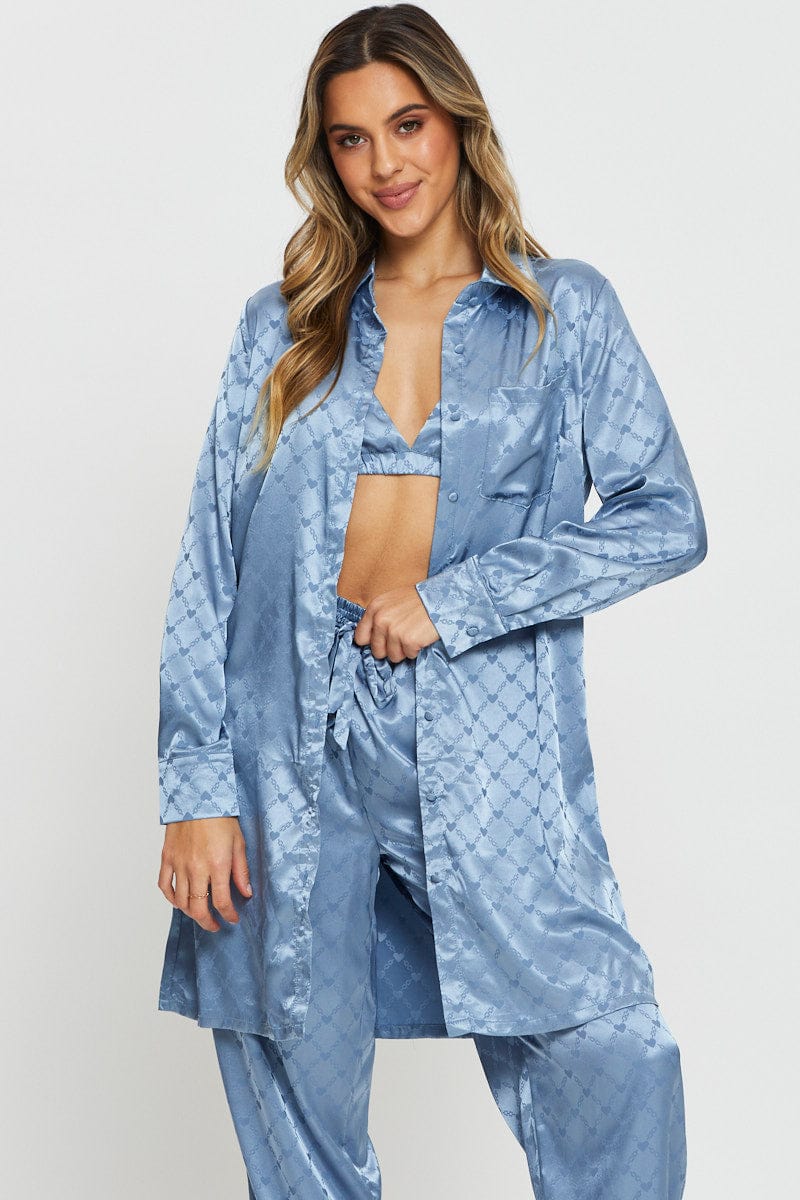 SLEEP SHIRT Blue Mix And Match Pyjama Shirt Satin for Women by Ally