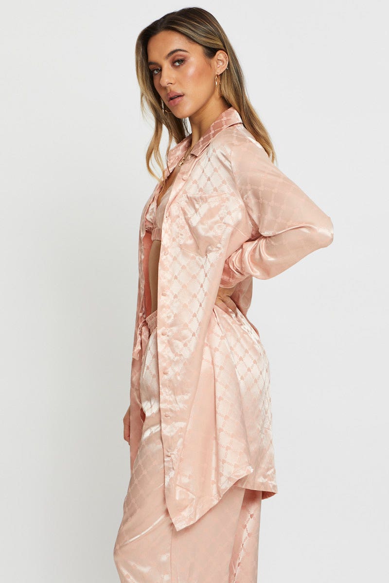 SLEEP SHIRT BLUSH Monogram Satin Pyjama Shirt Mix And Match for Women by Ally