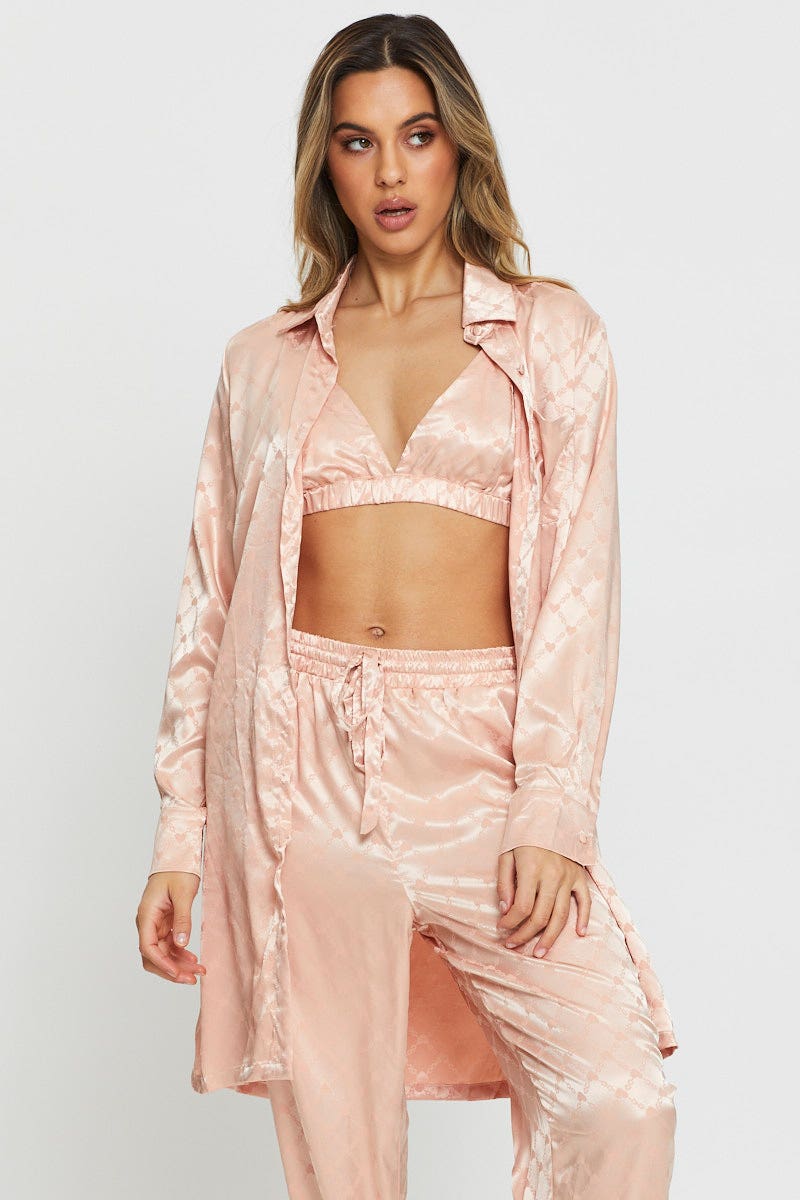 SLEEP SHIRT BLUSH Monogram Satin Pyjama Shirt Mix And Match for Women by Ally