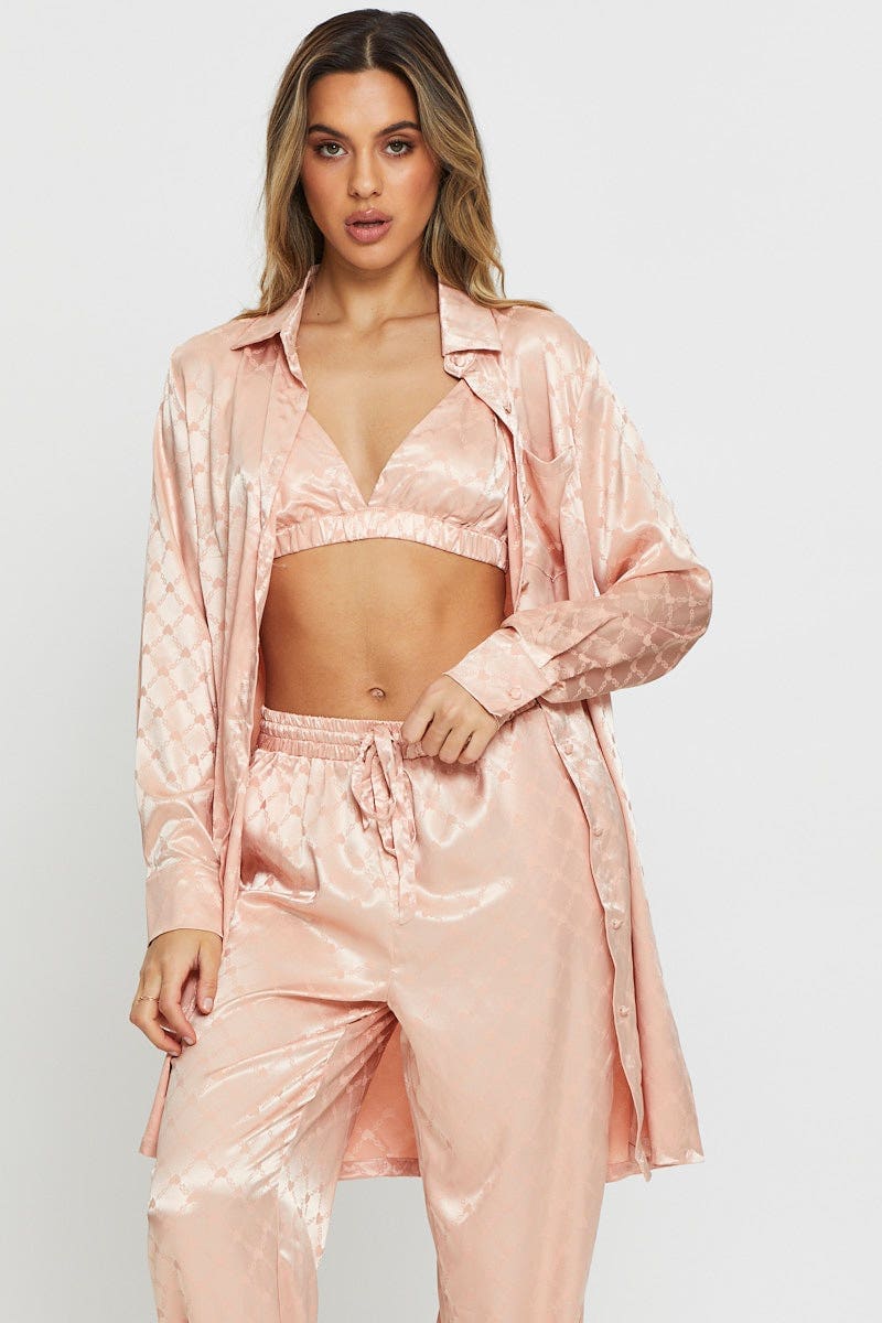 SLEEP SHIRT Pink Mix And Match Pyjama Shirt Satin for Women by Ally