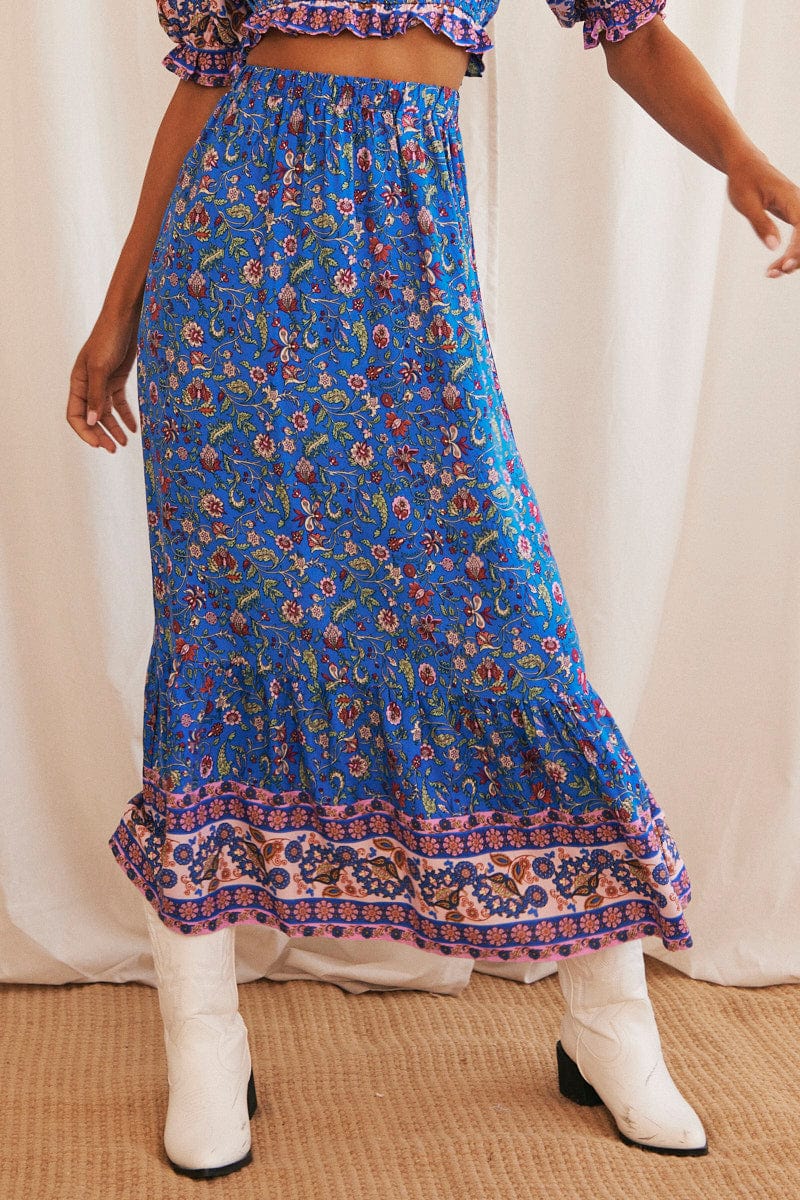Blue Boho Maxi Skirt High Waisted Elastic Band Frill Hem for Ally Fashion