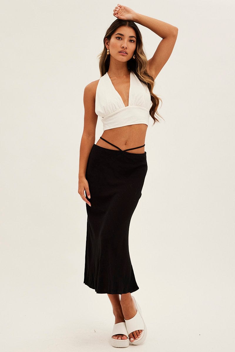 Black Linen Blend Waist Tie Slip Midi Skirt for Ally Fashion