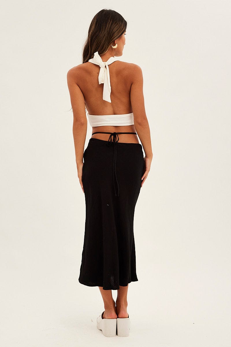 Black Linen Blend Waist Tie Slip Midi Skirt for Ally Fashion