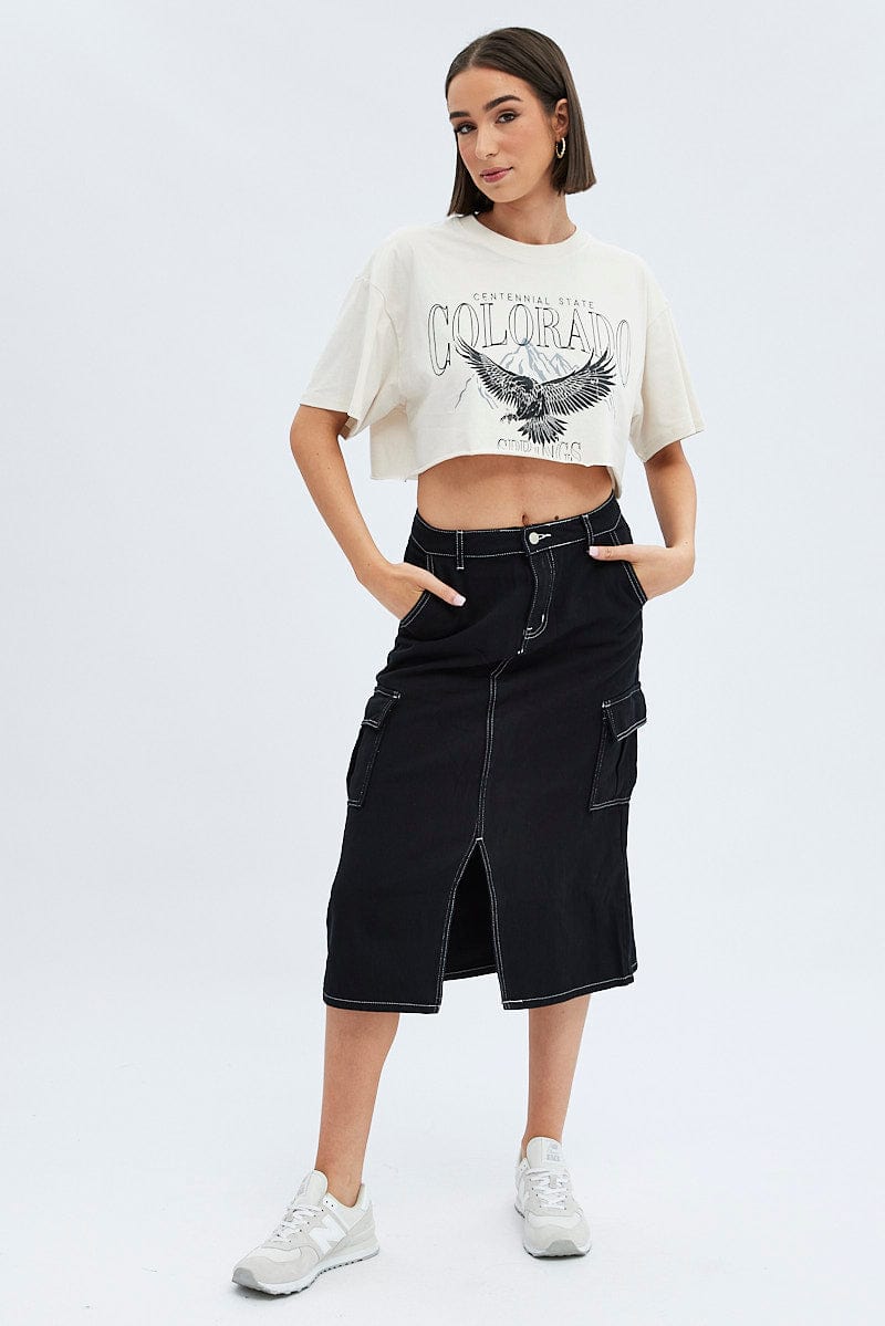 Black Midi Skirt Mid Rise A-line Cargo Contrast Stitch for Ally Fashion