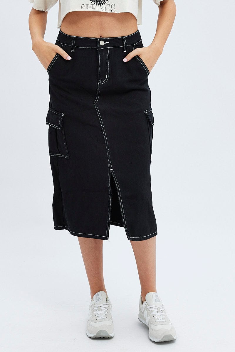 Black Midi Skirt Mid Rise A-line Cargo Contrast Stitch for Ally Fashion