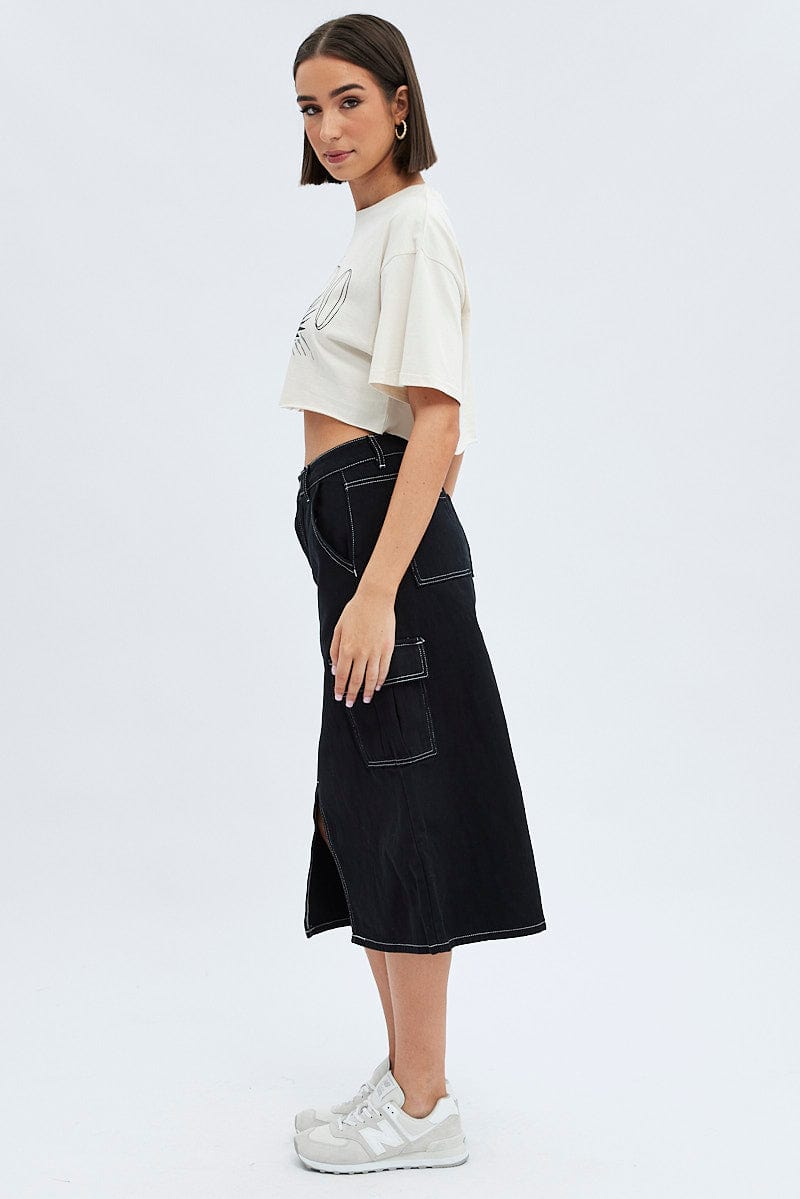 Black Midi Skirt Mid Rise A-line Cargo Contrast Stitch for Ally Fashion