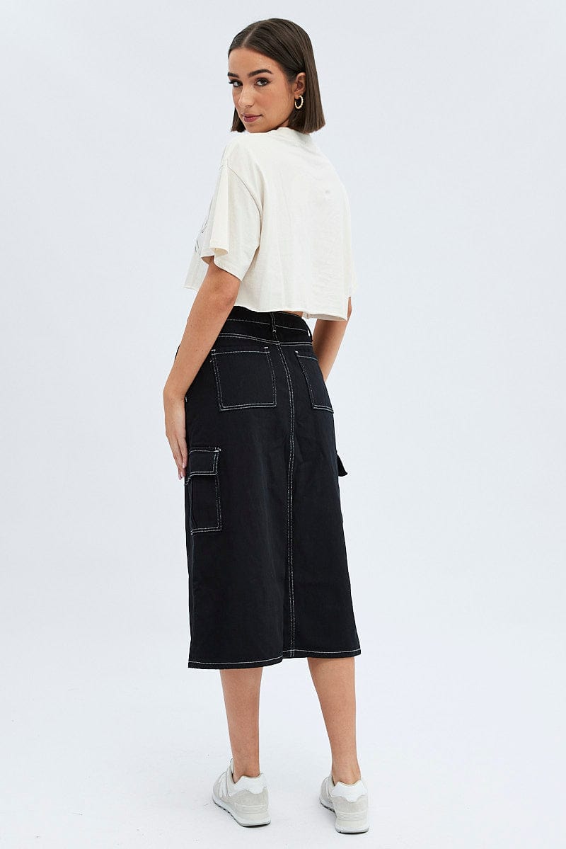 Black Midi Skirt Mid Rise A-line Cargo Contrast Stitch for Ally Fashion