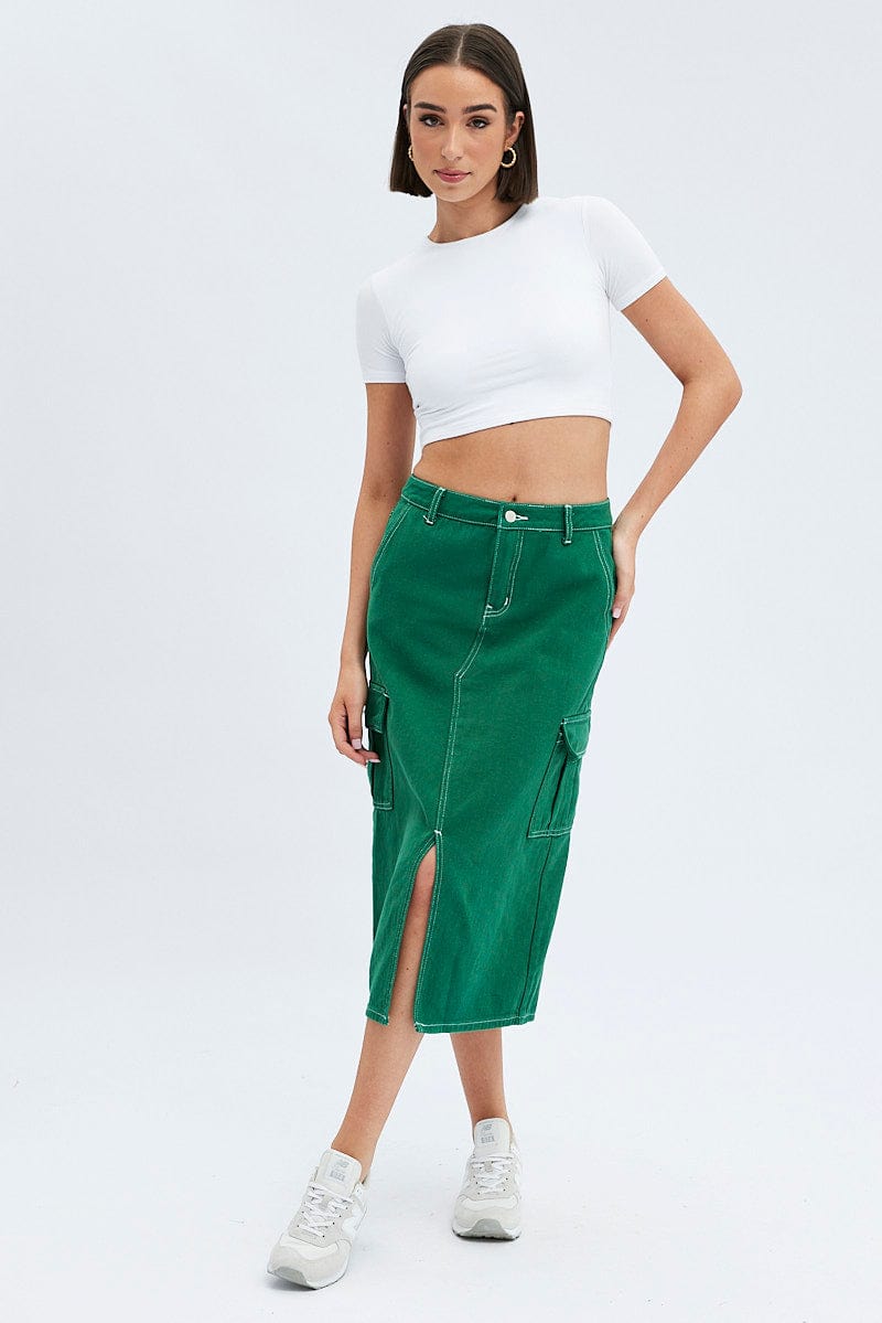 Green Midi Skirt Mid Rise A-line Cargo Contrast Stitch for Ally Fashion