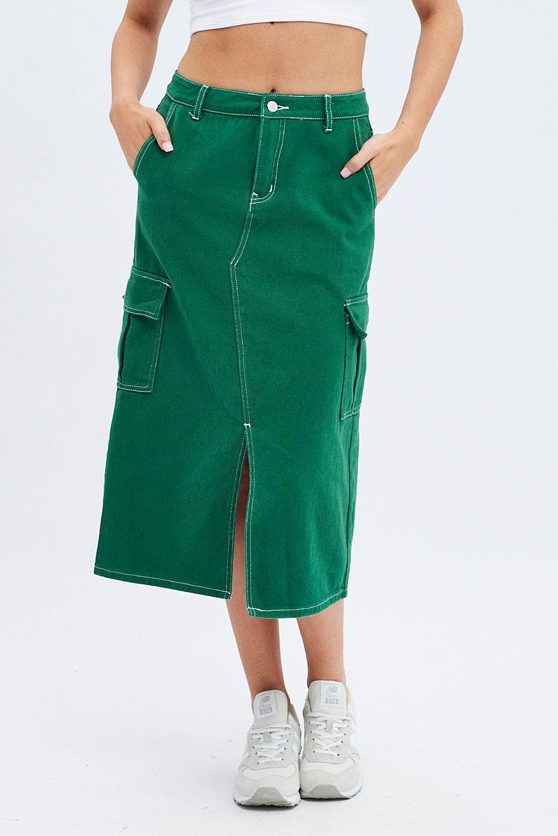 Green Midi Skirt Mid Rise A-line Cargo Contrast Stitch for Ally Fashion