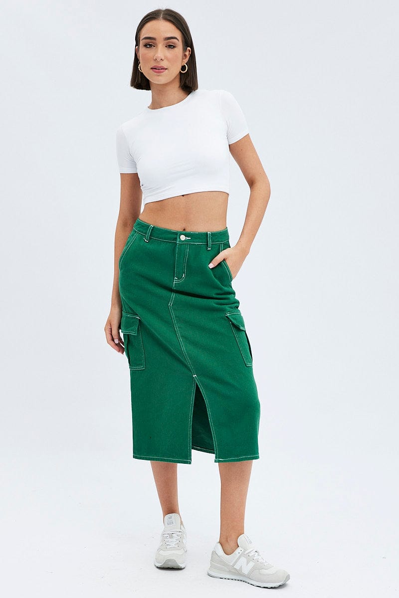 Green Midi Skirt Mid Rise A-line Cargo Contrast Stitch for Ally Fashion