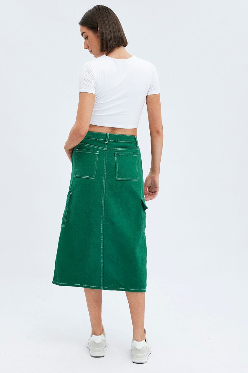 Green Midi Skirt Mid Rise A-line Cargo Contrast Stitch for Ally Fashion