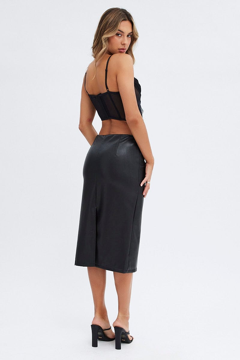 Black Midi Skirt Low Rise Lace Up Front Faux Leather PU for Ally Fashion