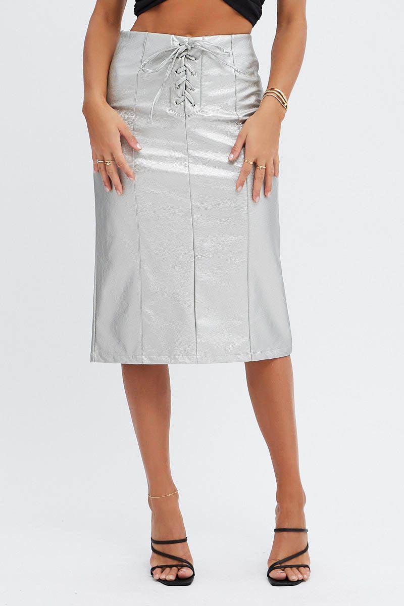 Metallic Midi Skirt Low Rise Lace Up Front Faux Leather PU for Ally Fashion