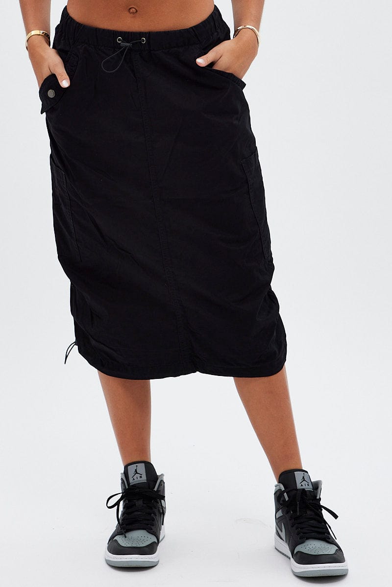 Black Midi Skirt Mid Rise Cargo Drawstring Elastic Waist for Ally Fashion