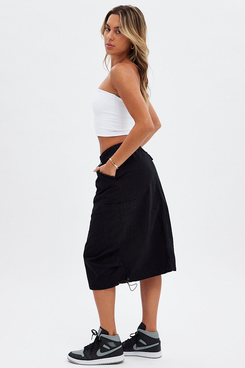 Black Midi Skirt Mid Rise Cargo Drawstring Elastic Waist for Ally Fashion