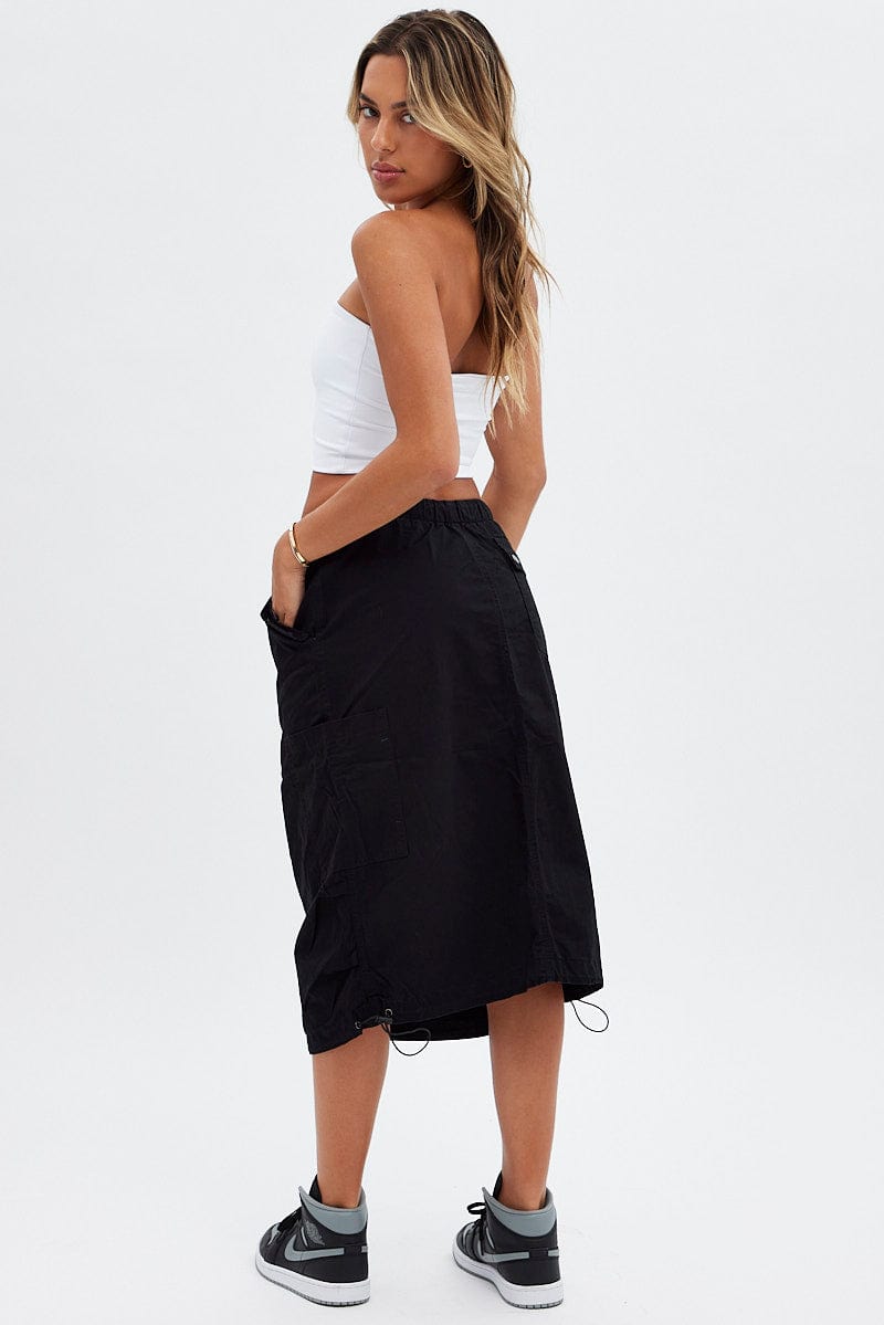 Black Midi Skirt Mid Rise Cargo Drawstring Elastic Waist for Ally Fashion