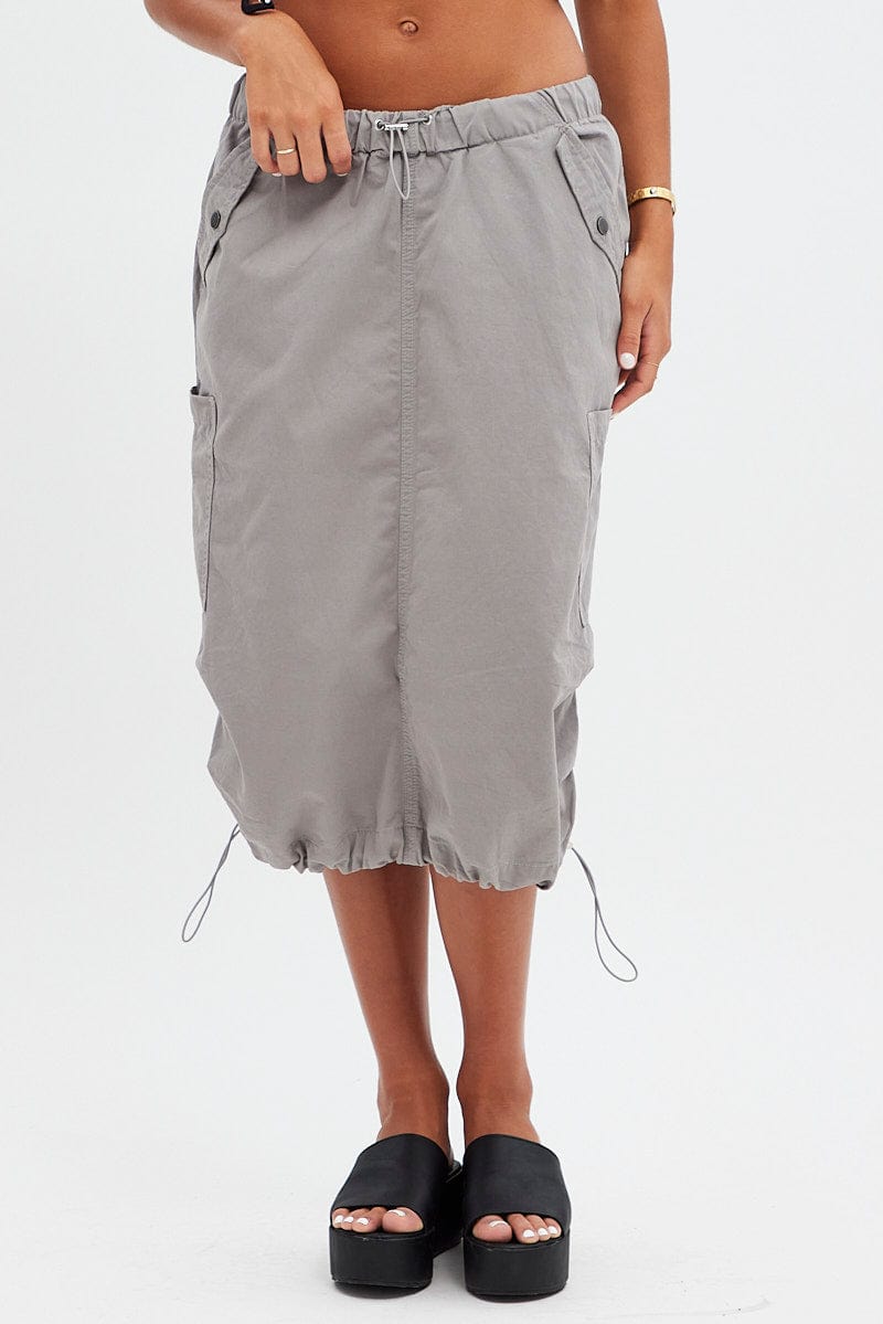 Grey Midi Skirt Mid Rise Cargo Drawstring Elastic Waist for Ally Fashion