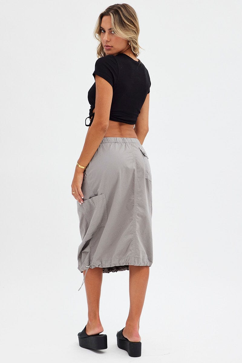 Grey Midi Skirt Mid Rise Cargo Drawstring Elastic Waist for Ally Fashion