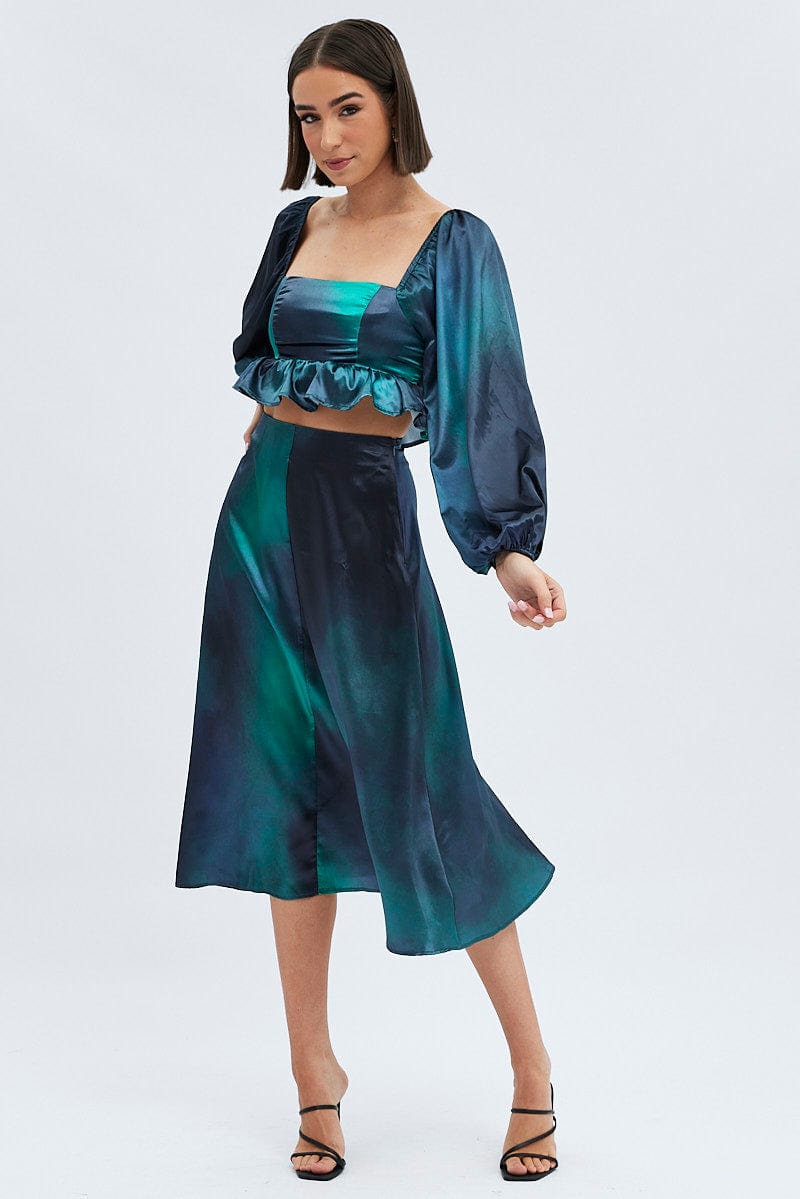 Green Print Midi Skirt High Waisted A-line Panelled Satin for Ally Fashion