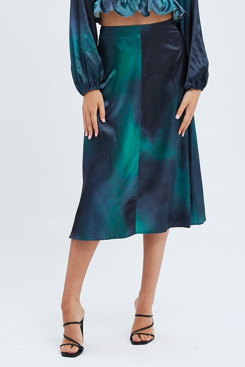 Green Print Midi Skirt High Waisted A-line Panelled Satin for Ally Fashion