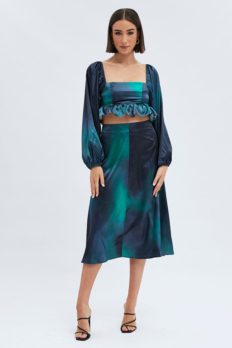 Green Print Midi Skirt High Waisted A-line Panelled Satin for Ally Fashion