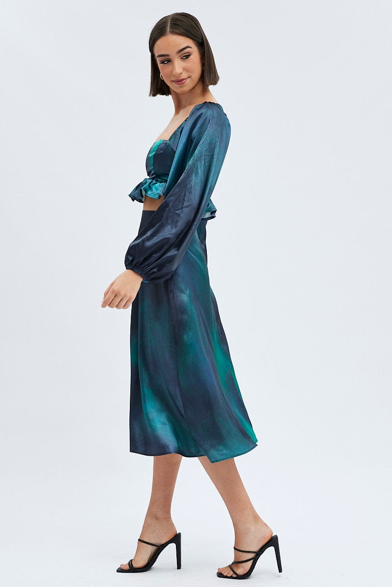 Green Print Midi Skirt High Waisted A-line Panelled Satin for Ally Fashion
