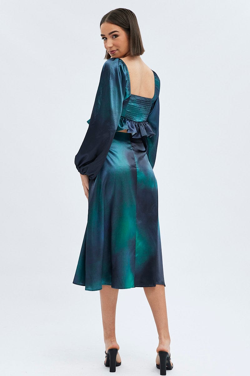 Green Print Midi Skirt High Waisted A-line Panelled Satin for Ally Fashion