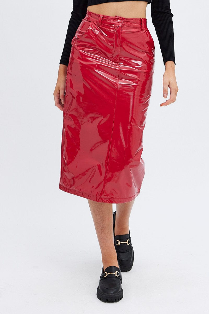 Red Midi Skirt High Rise Pencil PU Patent Faux Leather for Ally Fashion