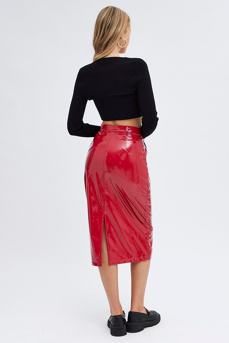 Red Midi Skirt High Rise Pencil PU Patent Faux Leather for Ally Fashion