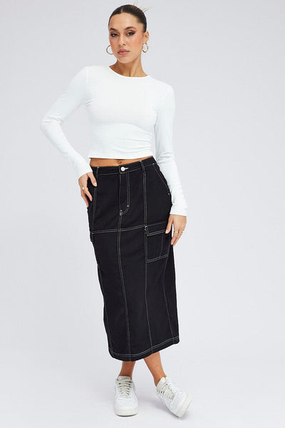 Black Cargo Skirt Mid Rise Contrast Detail Utility | Ally Fashion