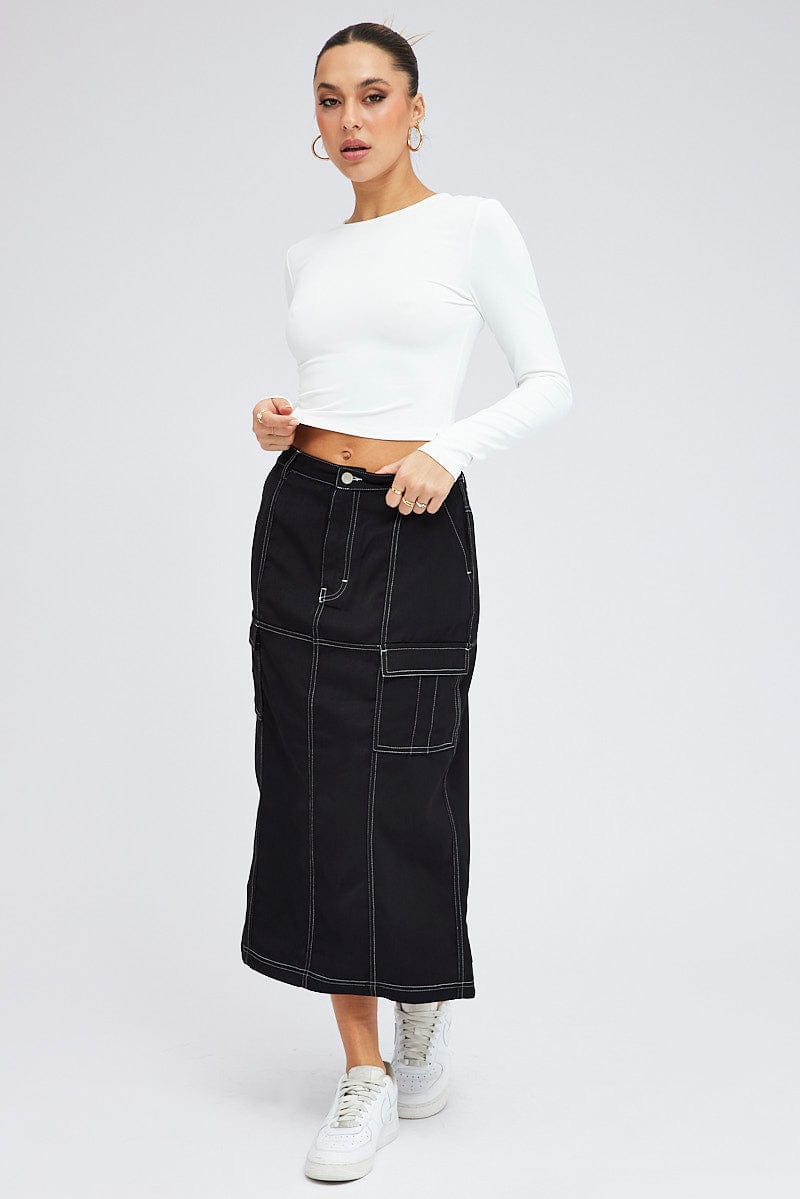 Black Cargo Skirt Mid Rise Contrast Detail Utility | Ally Fashion