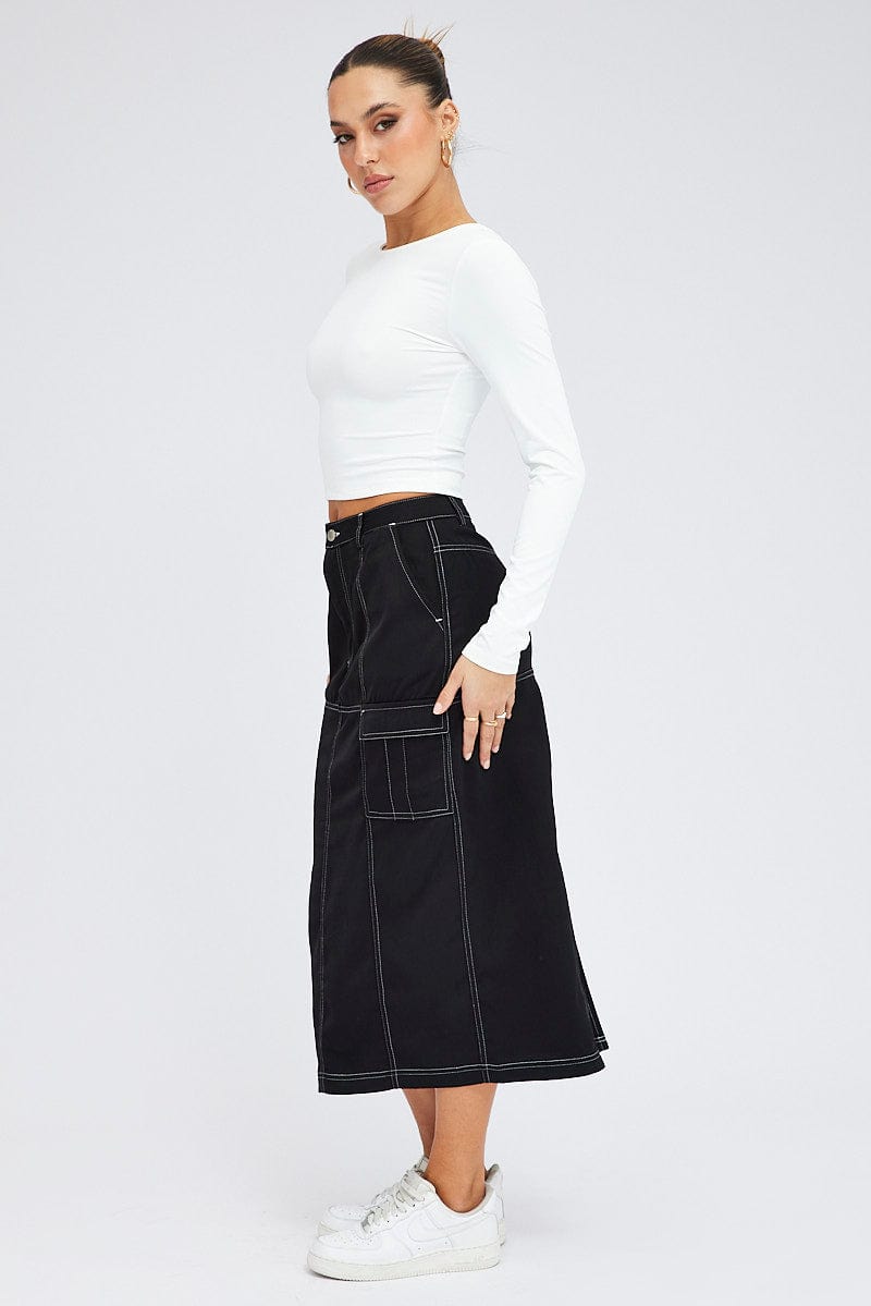 Black Cargo Skirt Mid Rise Contrast Detail Utility for Ally Fashion