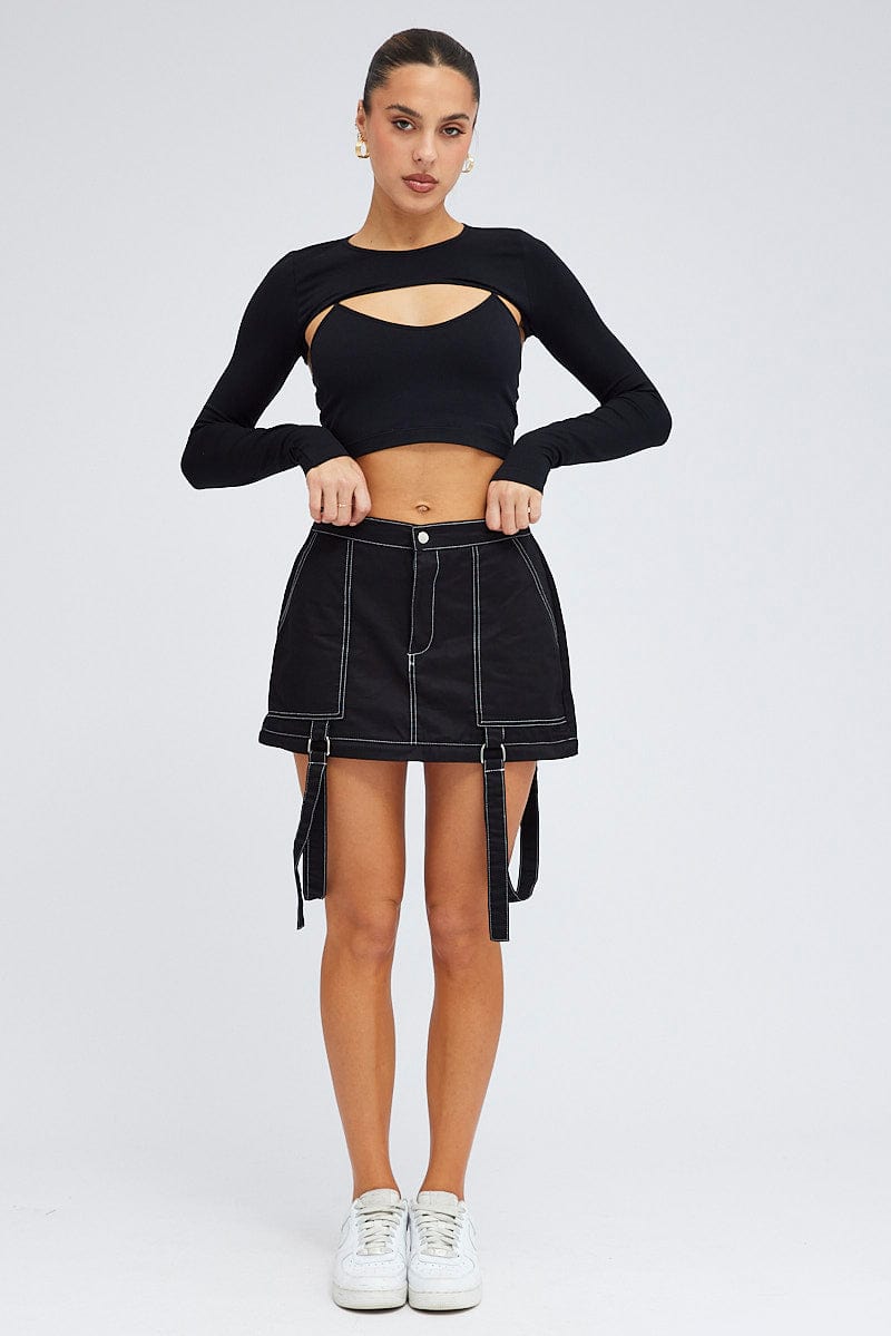 Black Cargo Skirt High Rise Elastic Two-way Midi Mini for Ally Fashion