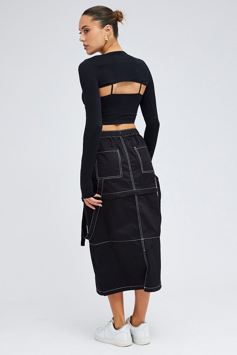 Black Cargo Skirt High Rise Elastic Two-way Midi Mini for Ally Fashion
