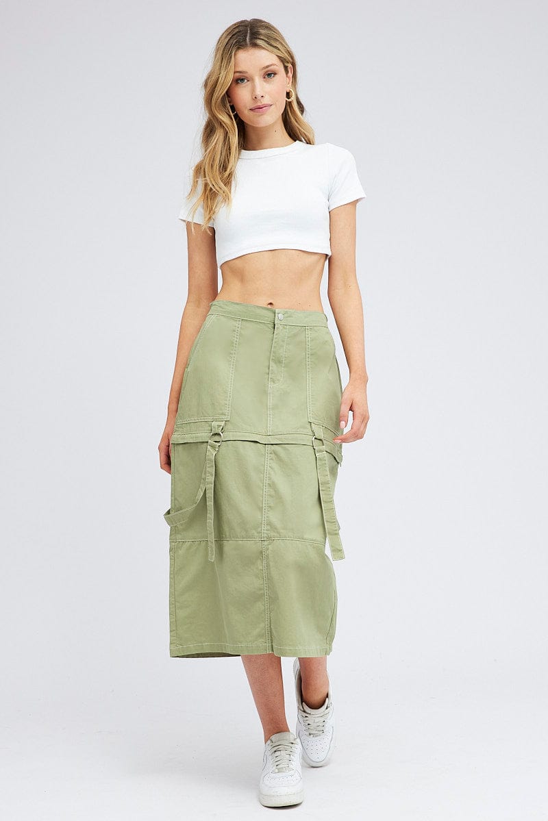 Green Cargo Skirt High Rise Elastic Two-way Midi Mini for Ally Fashion