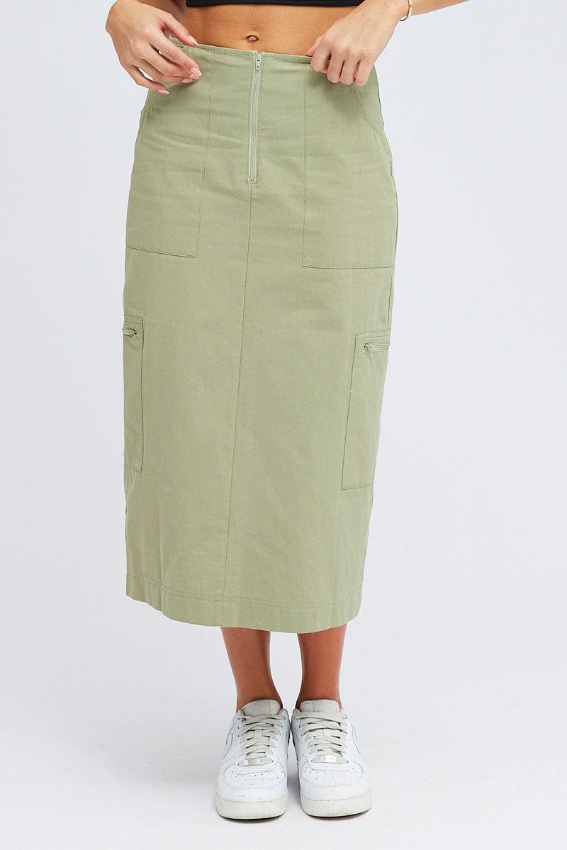 Green Cargo Skirt High Waist A-line Zip Detail Utility for Ally Fashion