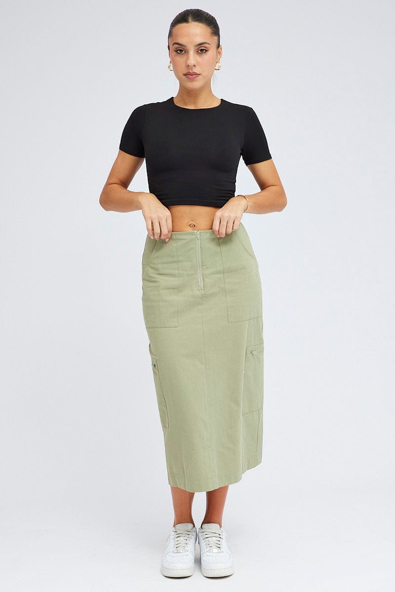 Green Cargo Skirt High Waist A-line Zip Detail Utility for Ally Fashion