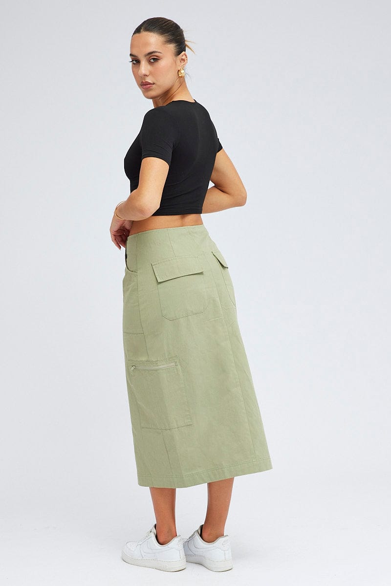 Green Cargo Skirt High Waist A-line Zip Detail Utility for Ally Fashion