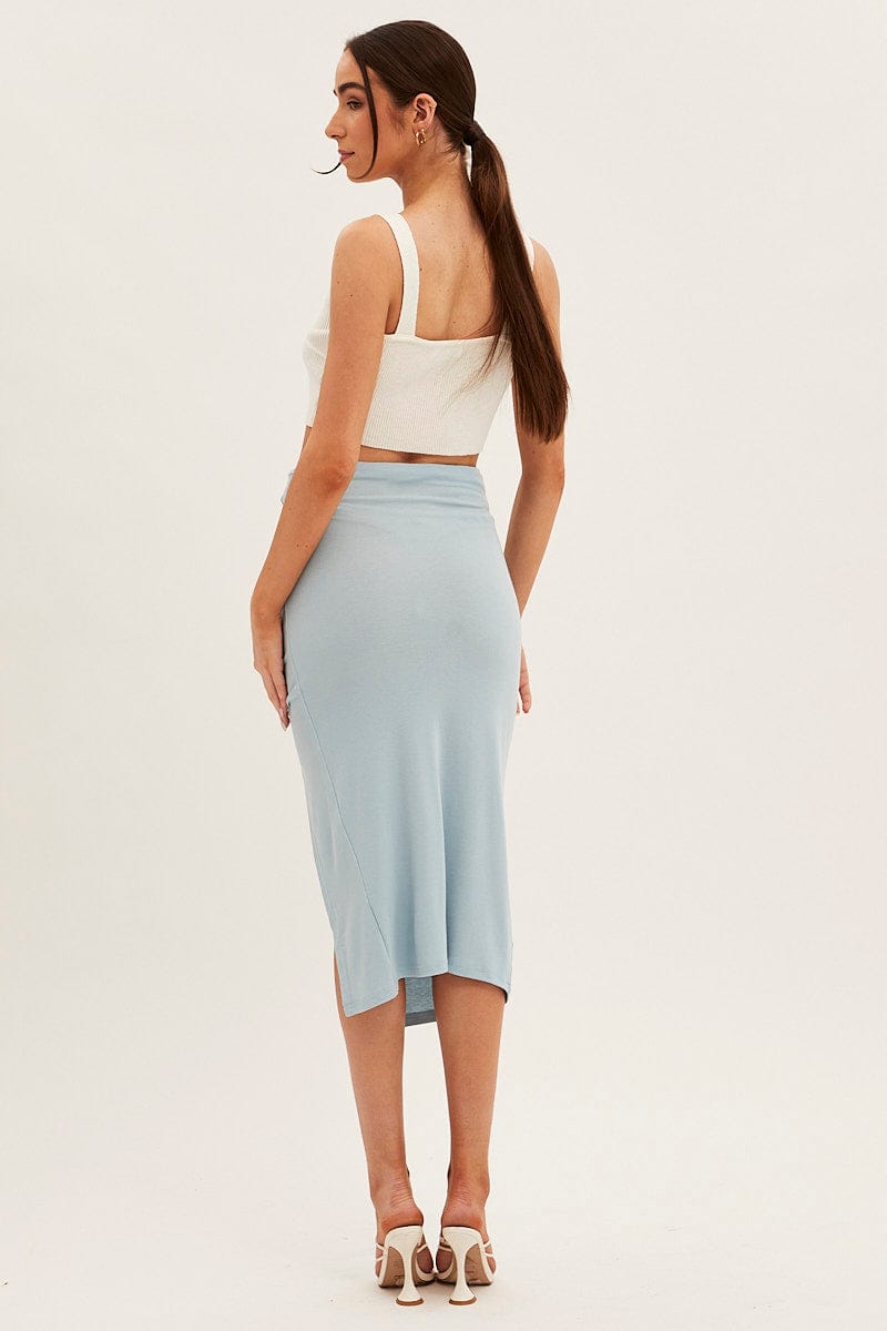 Blue Rib Front Slit Skinny Skirt for Ally Fashion