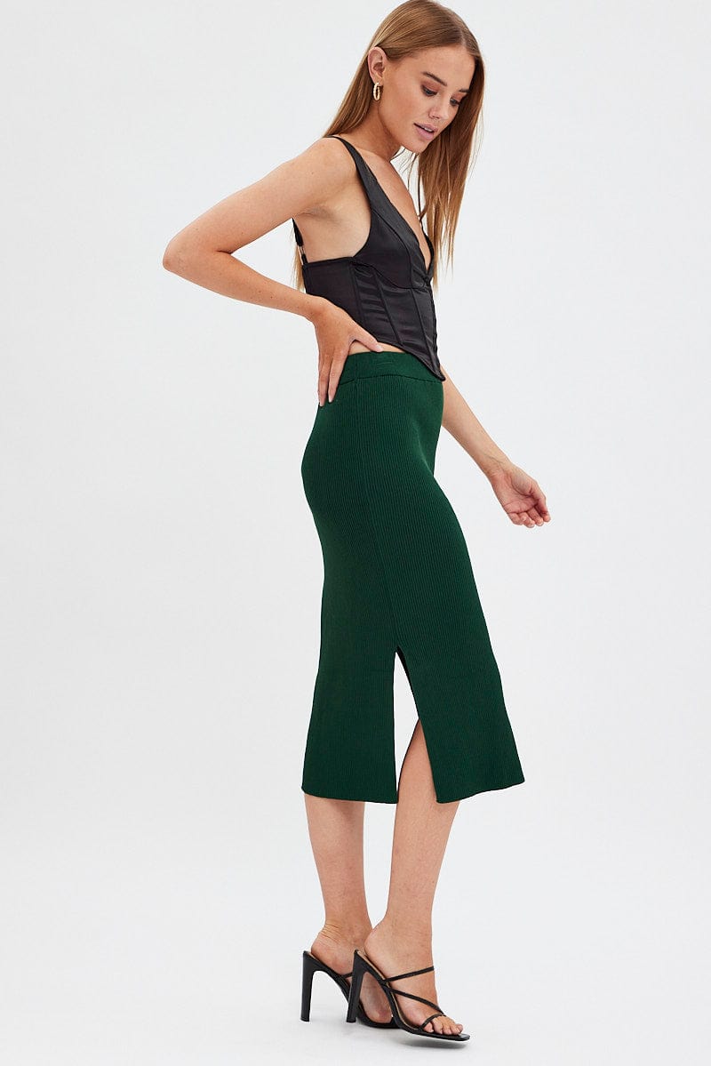 Green Knit Skirt High Rise Midi for Ally Fashion