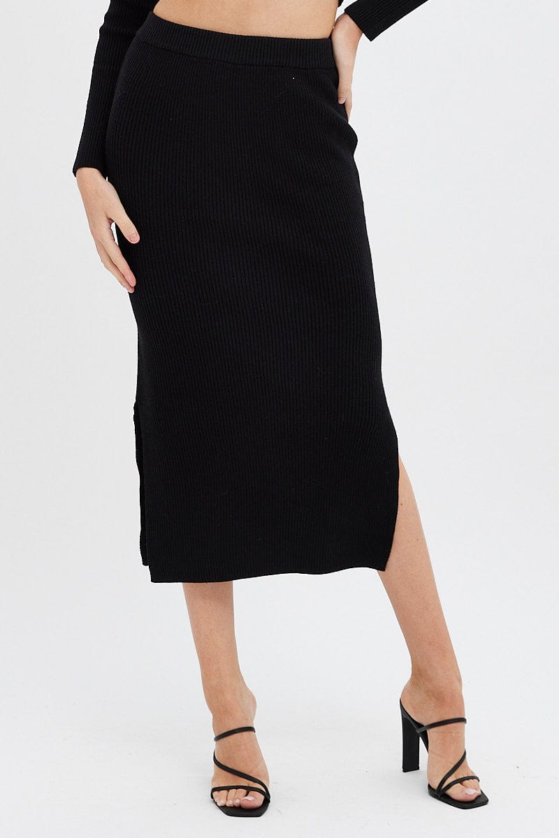 Black Knit Skirt High Rise Ribbed Midi for Ally Fashion