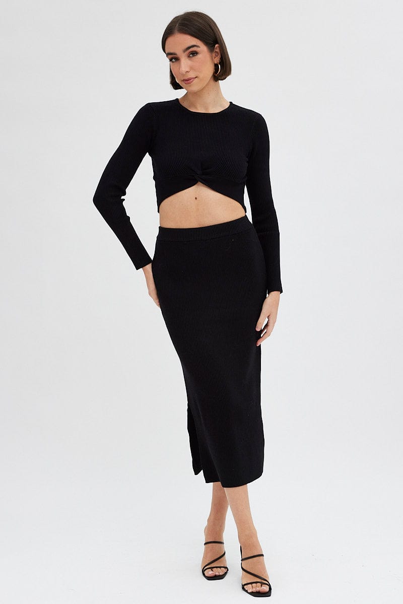 Black Knit Skirt High Rise Ribbed Midi | Ally Fashion