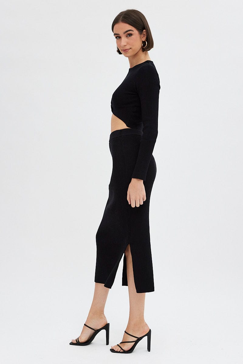 Black Knit Skirt High Rise Ribbed Midi for Ally Fashion