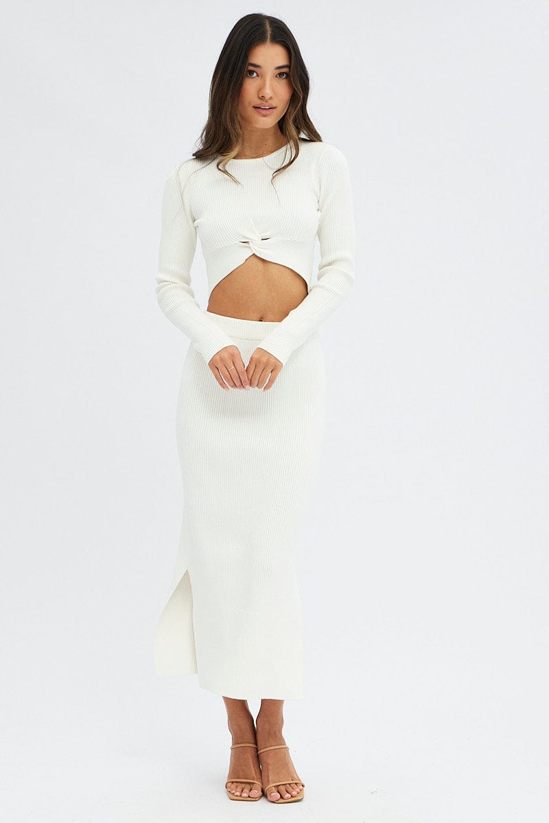White Knit Skirt High Rise Ribbed Midi for Ally Fashion