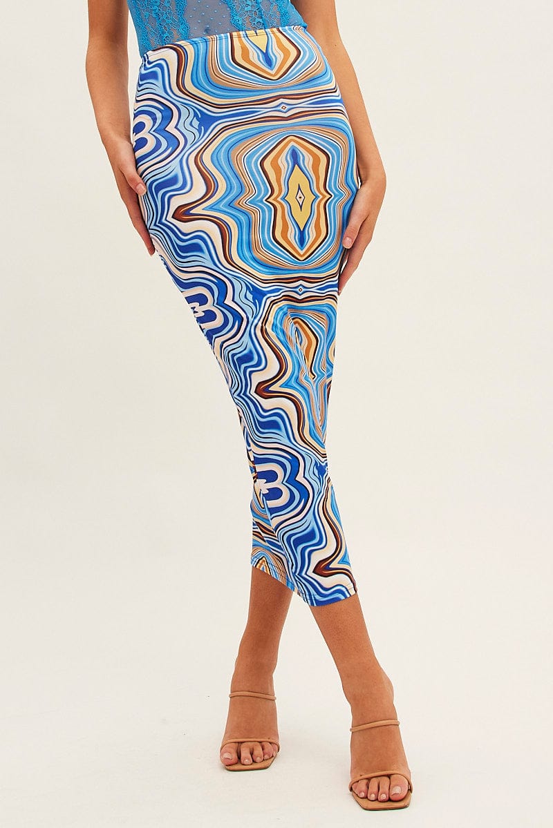 Blue Abstract Abstract Midi Skirt for Ally Fashion